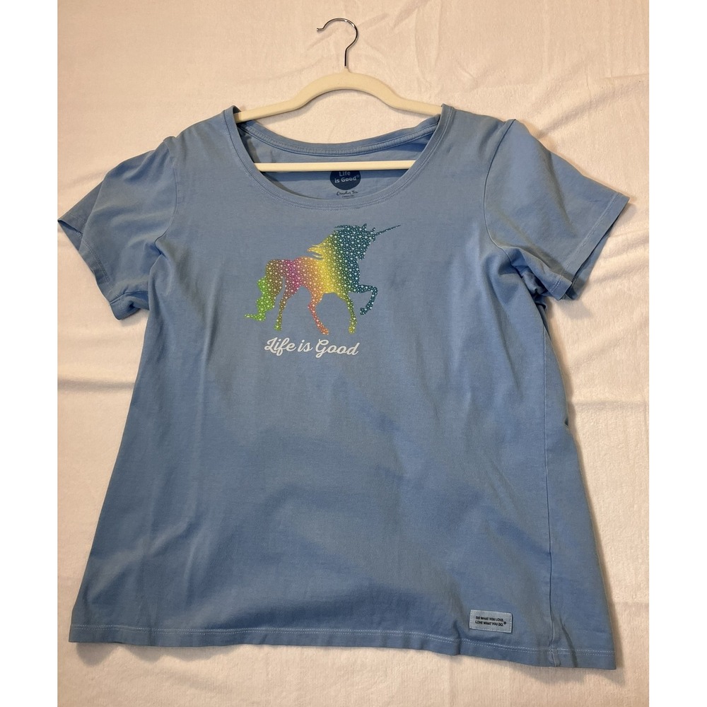 Life is Good Crusher Tee Blue Rainbow Glitter Unicorn Graphic T-Shirt Large